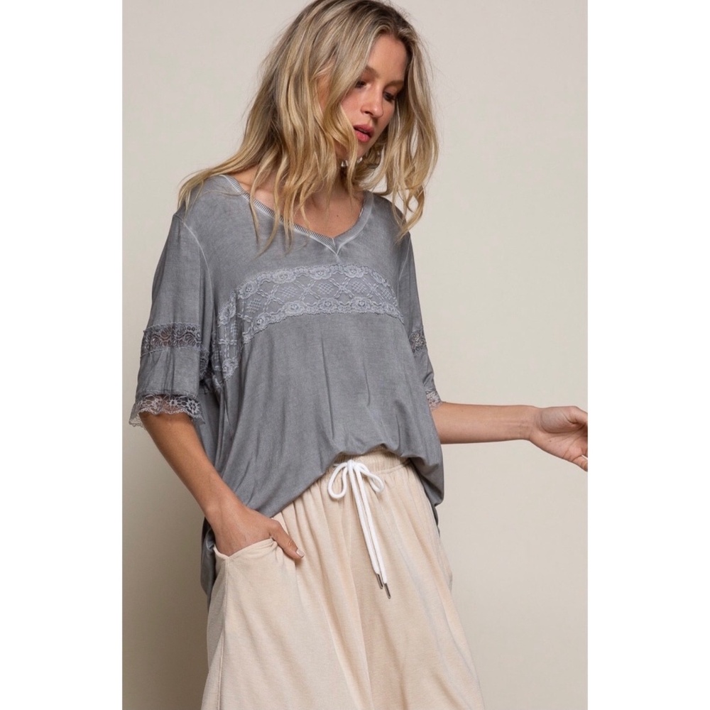 POL Mystic Grey V Neck Lace Trimmed Rayon Jersey Tee - Picture 6 of 7